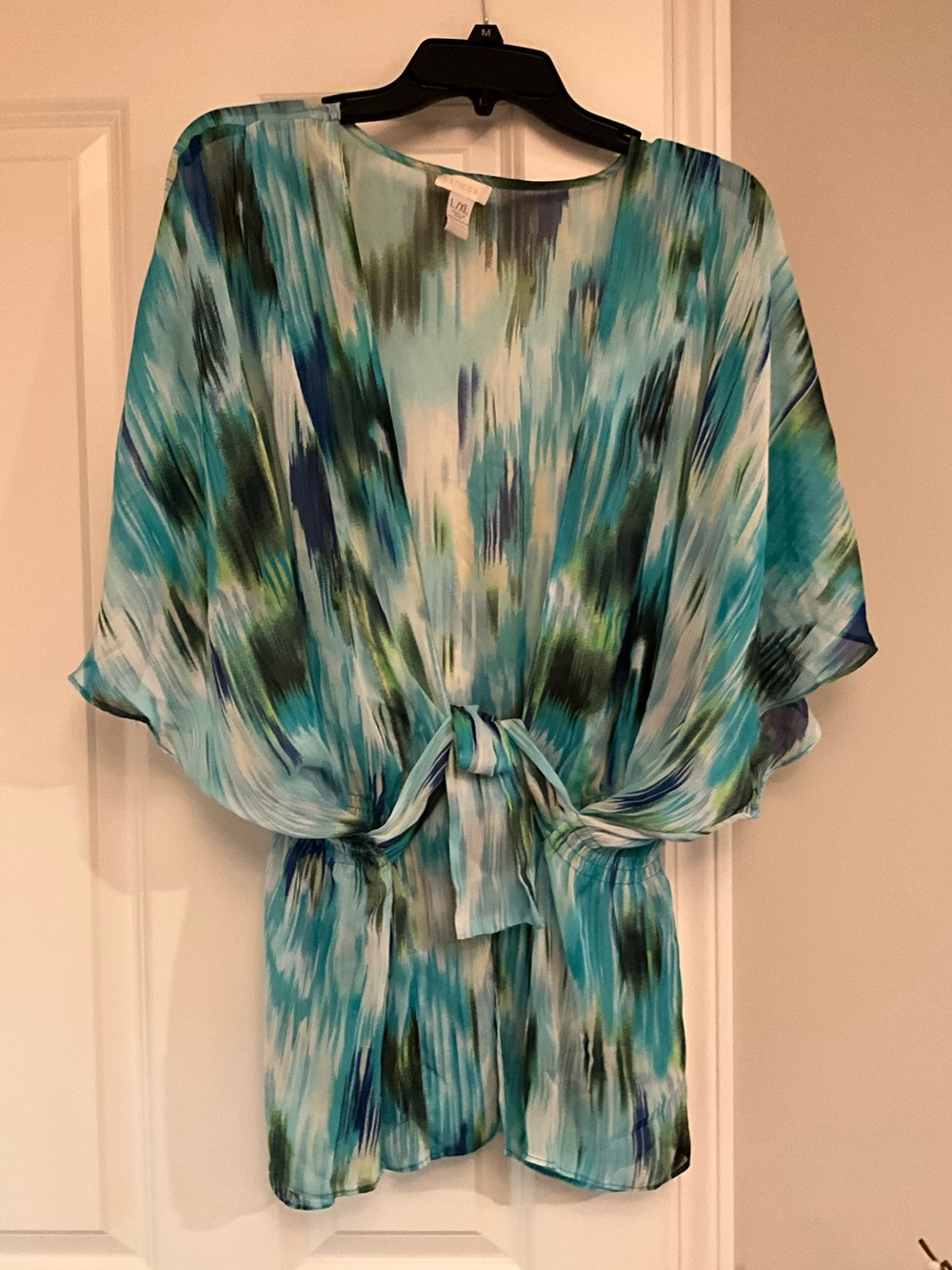 Chico’s Sheer Tie-Front Watercolor Tunic - Teal & Blue Size Large/Xlarge